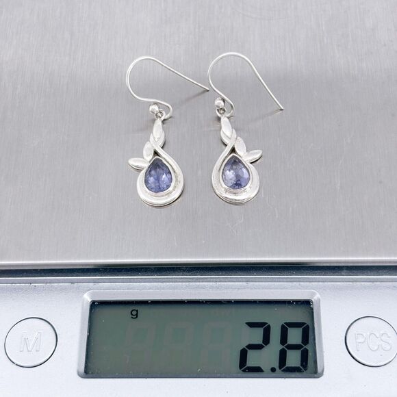 Vintage Sterling Silver 925 Glass Teardrop Floral Design Dangle Earrings - Picture 5 of 5